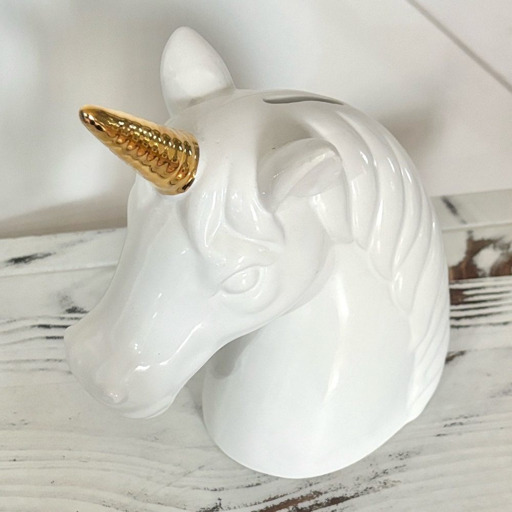 Large Chic Decorative Unicorn Ceramic Piggy Coin Bank White & Metallic Gold Horn